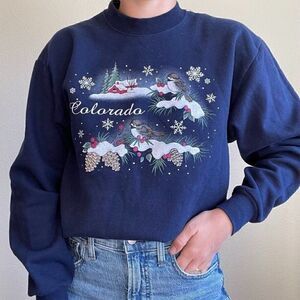 Vintage Womens 90s Navy Blue Christmas Theme Oversized Crewneck Sweatshirt Sz M